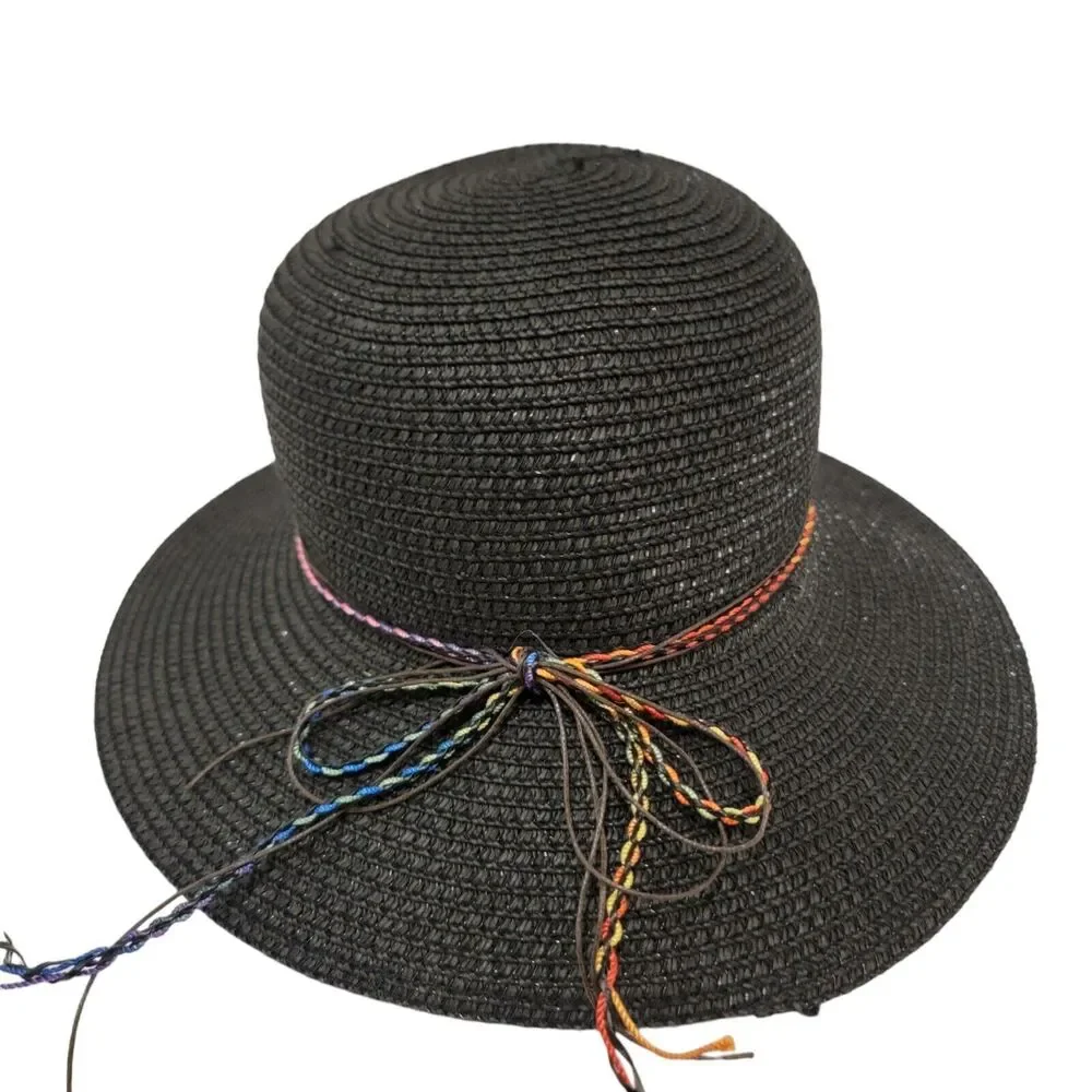 Nicole Marciano Womans Straw Hat Black OS Stones Multicolored Tie
